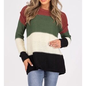 Through My Eyes Women's Color block Sweater - Red, Green, Cream and Black Size S
